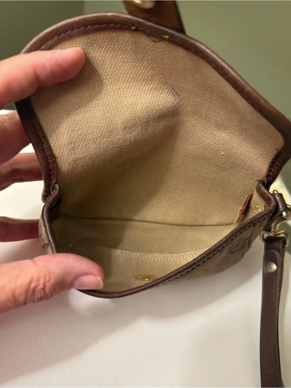 Dooney & Bourke Tan Brown Signature Monogram Mini Wristlet Leather Strap & Trim